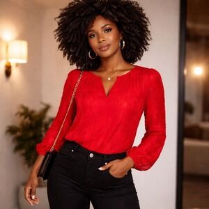Liz Claiborne Red Textured Floral V Neck‎ Long Sleeve Blouse Top Women's Size S